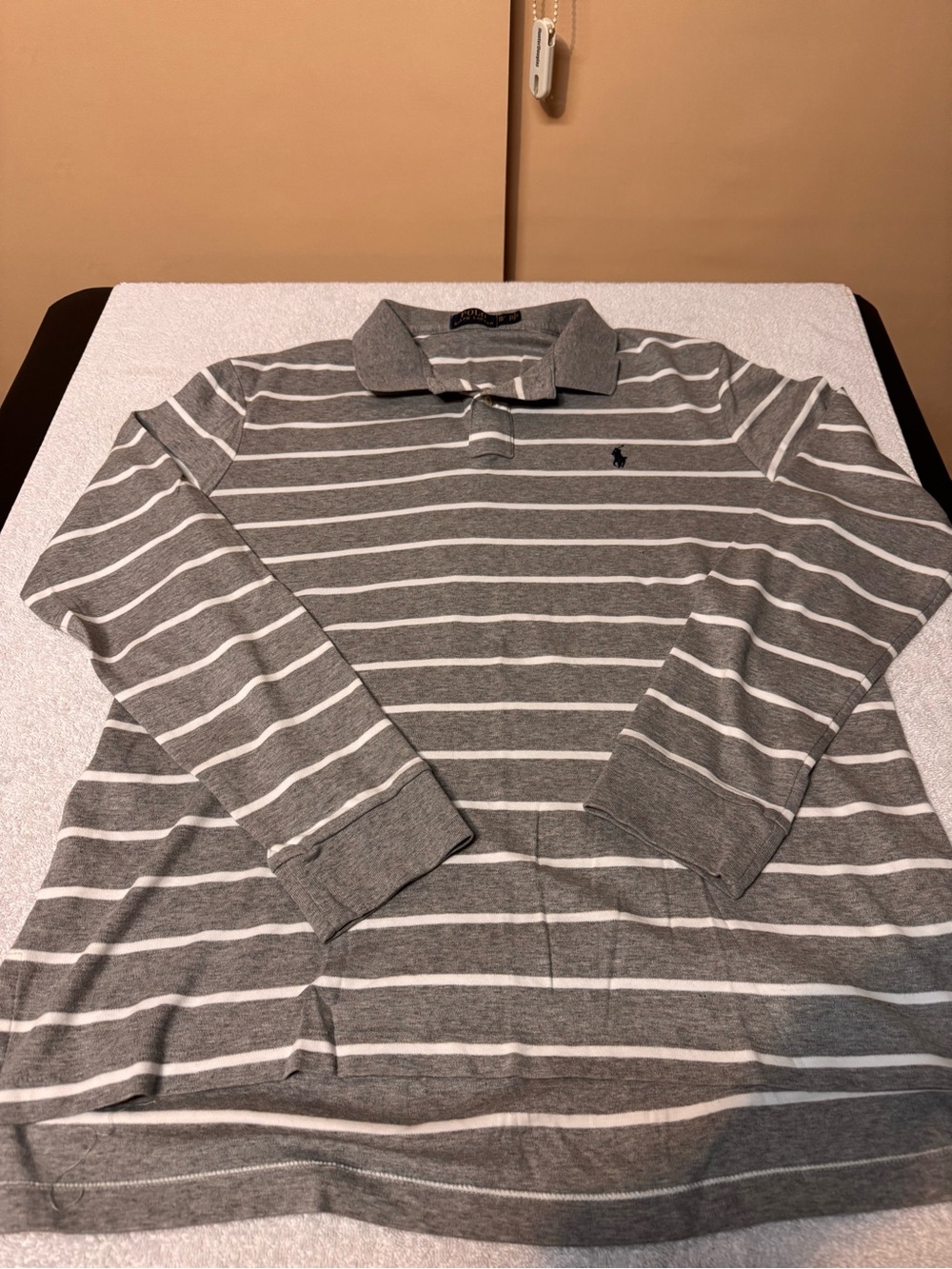 Men’s Grey and White Striped Long-Sleeve Polo Shirt by Polo by Ralph Lauren XL